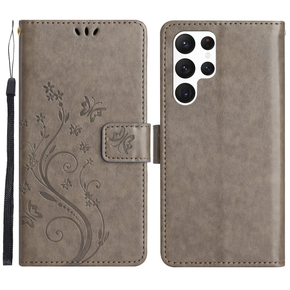 Funda de Cuero con Mariposas Samsung Galaxy S23 Ultra, Gris
