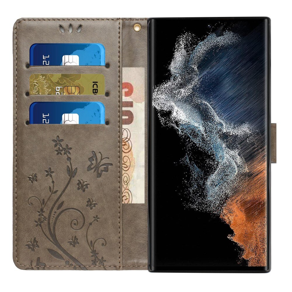 Funda de Cuero con Mariposas Samsung Galaxy S23 Ultra, Gris