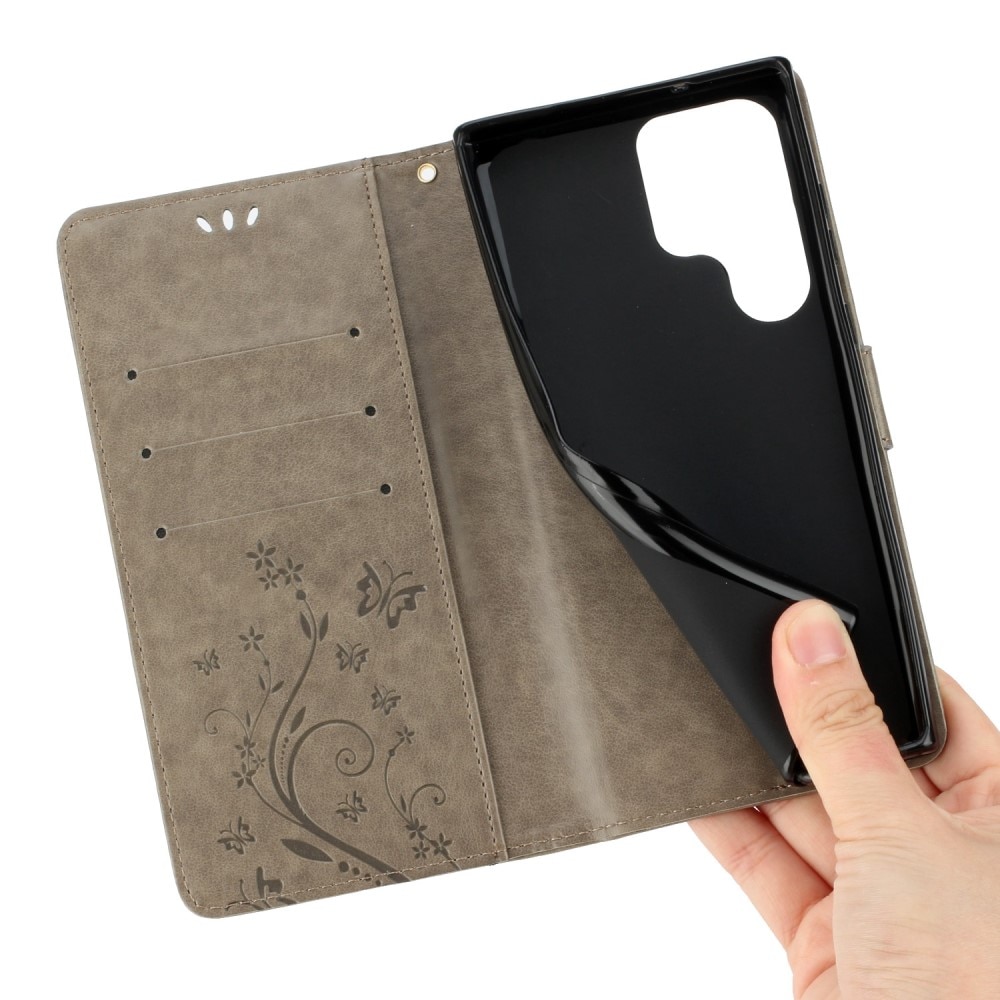 Funda de Cuero con Mariposas Samsung Galaxy S23 Ultra, Gris