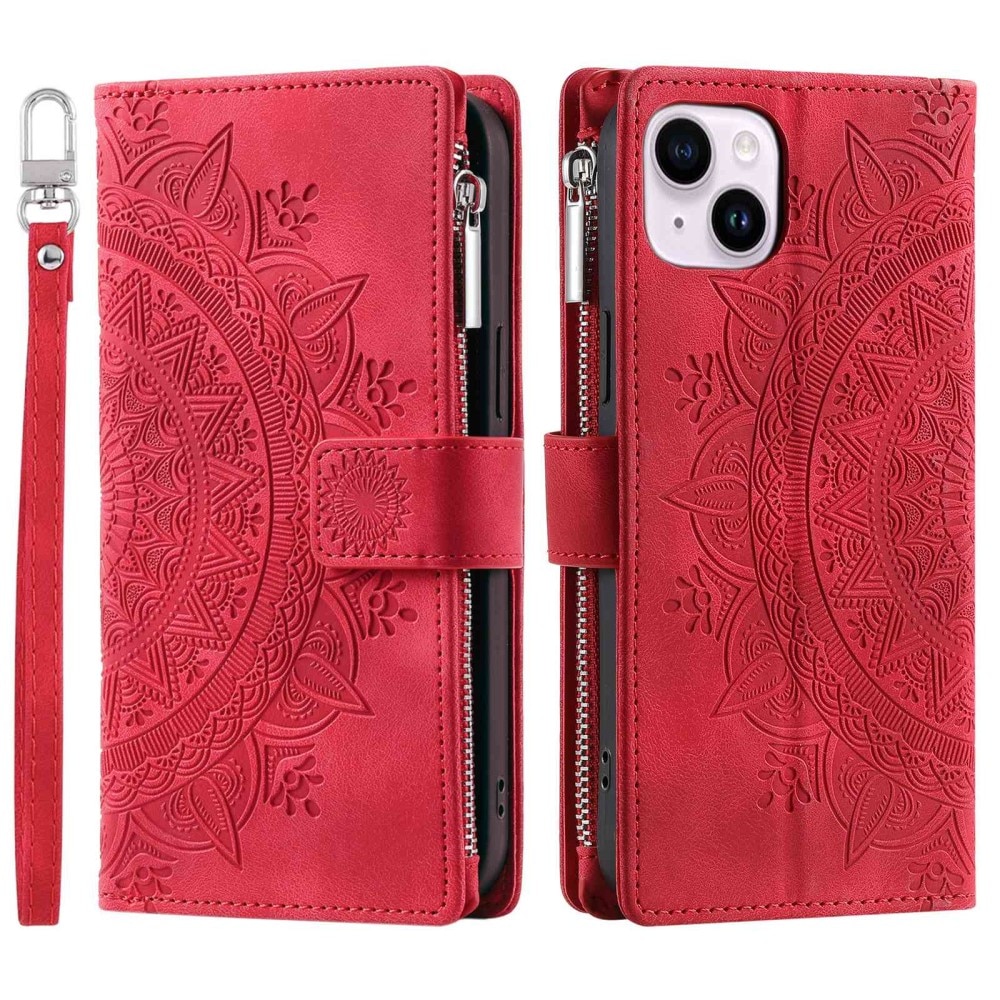 Funda Mandala tipo billetera iPhone 14 rojo