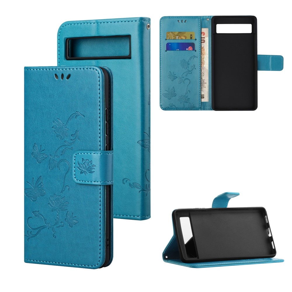 Funda de Cuero con Mariposas Google Pixel 7a, Azul