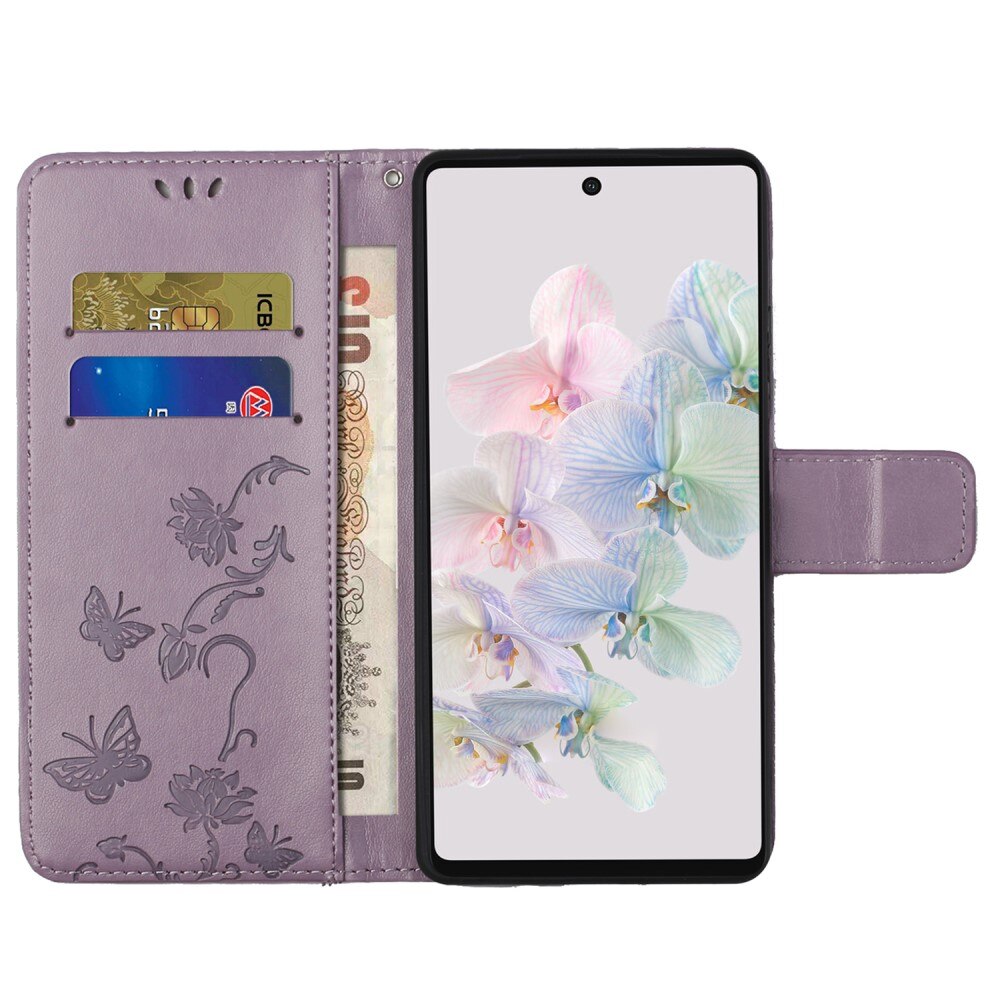 Funda de Cuero con Mariposas Google Pixel 7a, Púrpura