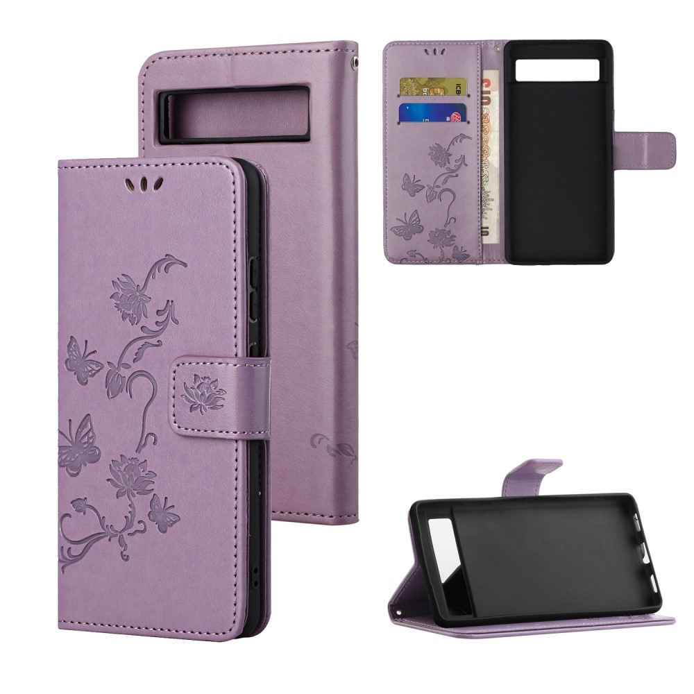 Funda de Cuero con Mariposas Google Pixel 7a, Púrpura