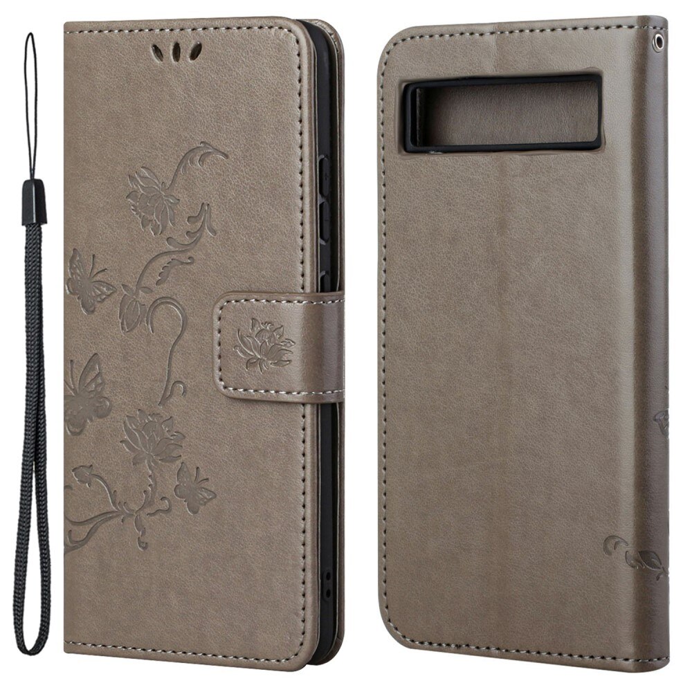 Funda de Cuero con Mariposas Google Pixel 7a, Gris