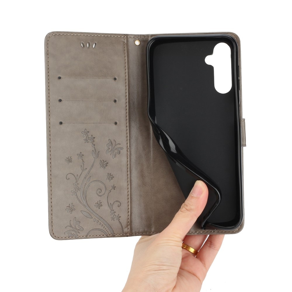 Funda de Cuero con Mariposas Samsung Galaxy A54, Gris