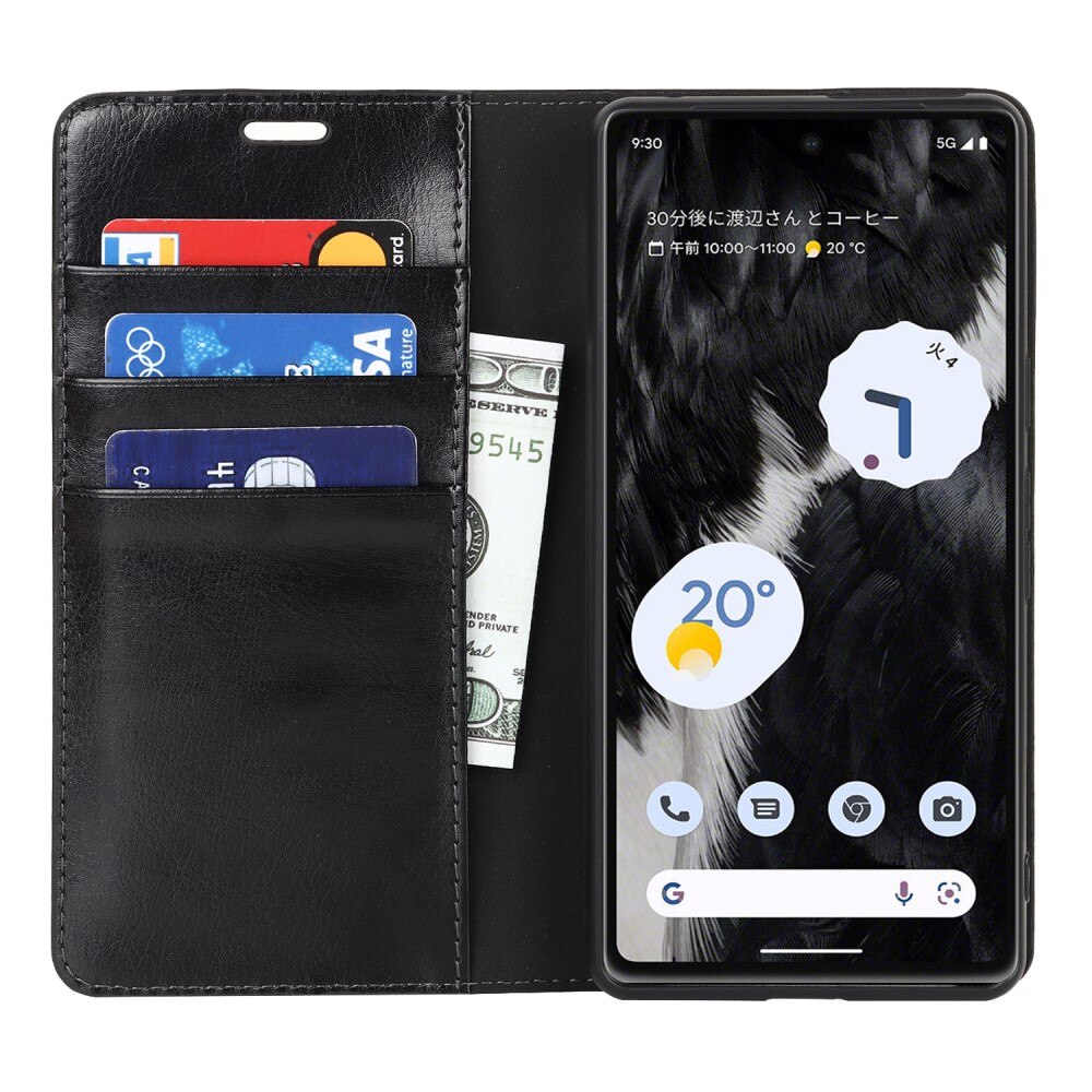 Funda cartera de cuero genuino Google Pixel 7a Negro