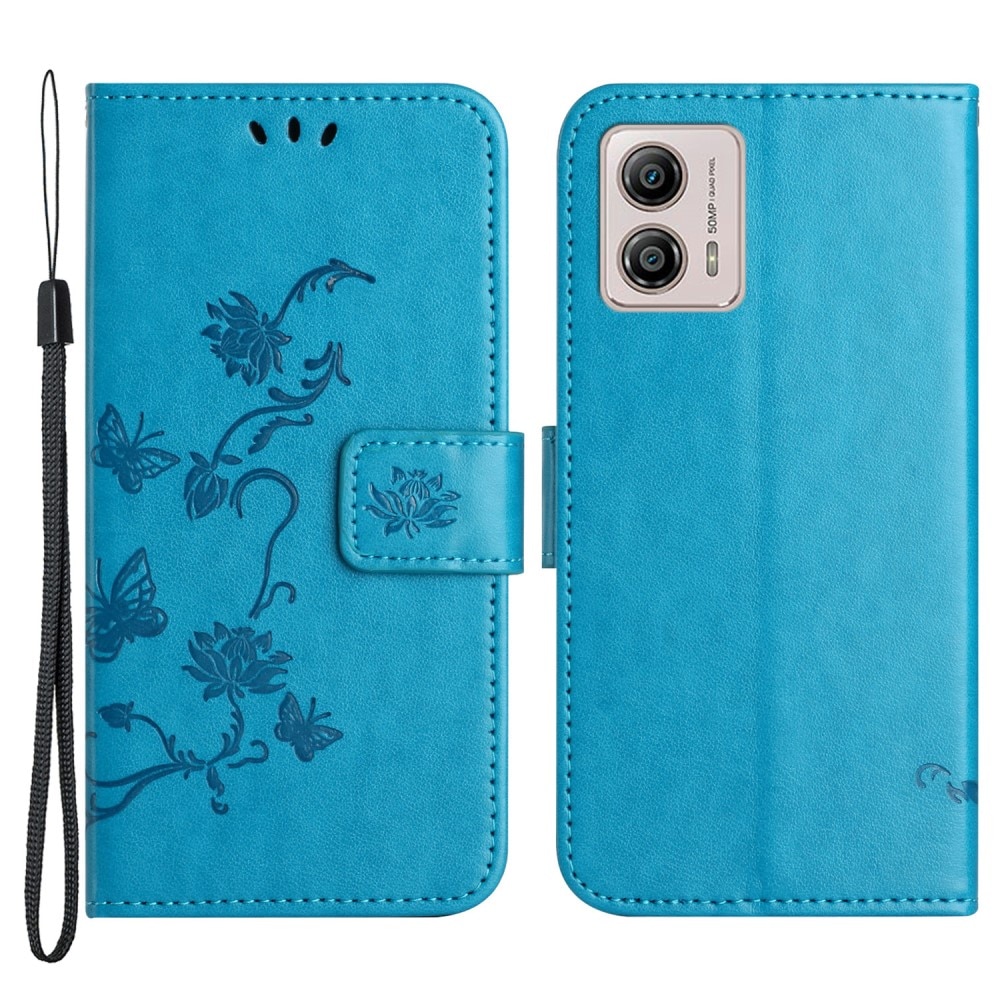 Funda de Cuero con Mariposas Motorola Moto G53, Azul