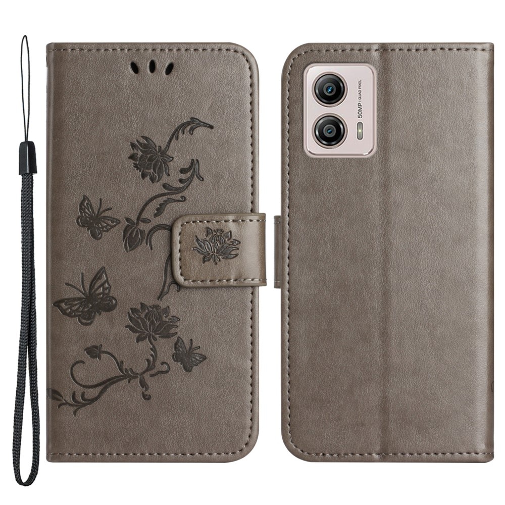 Funda de Cuero con Mariposas Motorola Moto G53, Gris