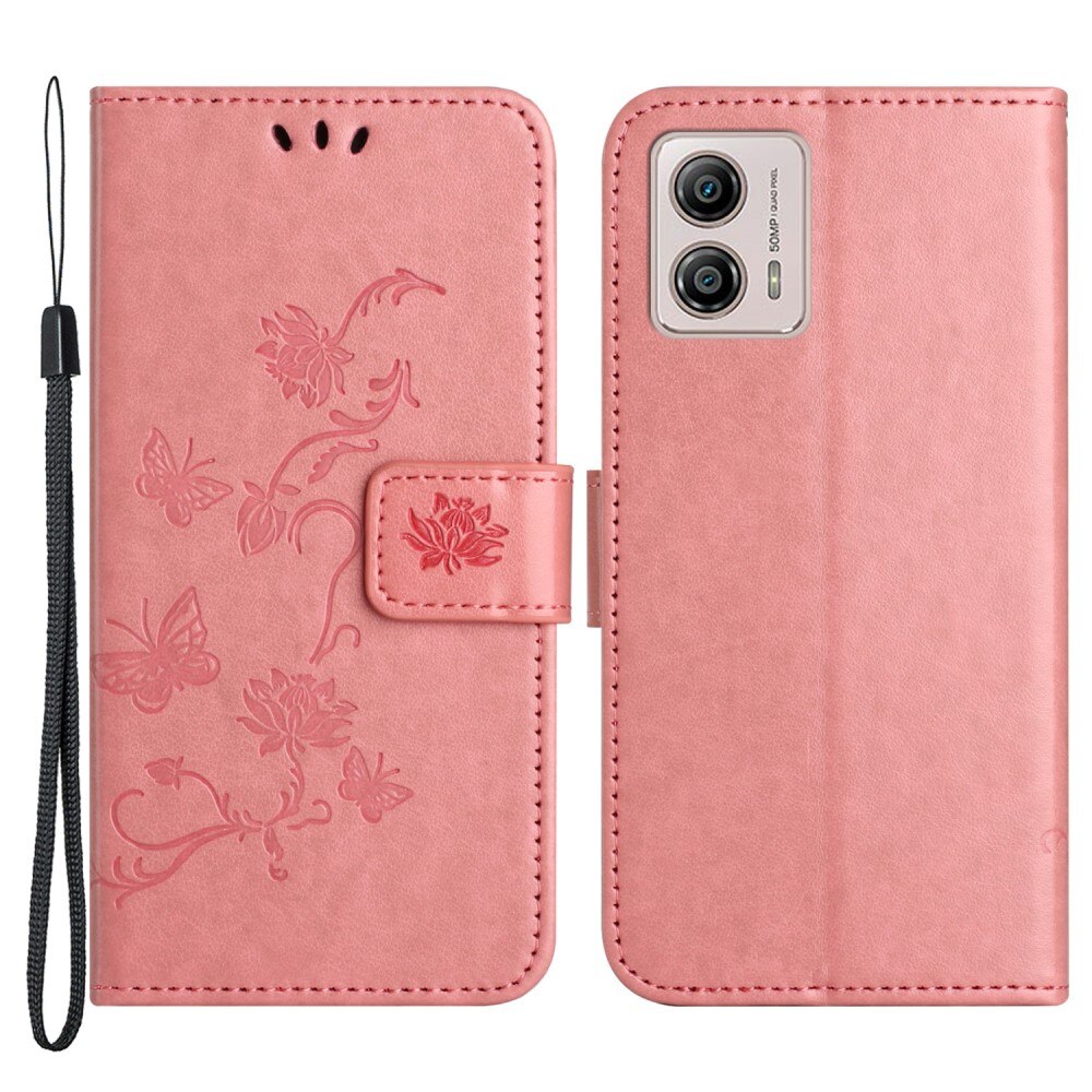 Funda de Cuero con Mariposas Motorola Moto G53, Rosa