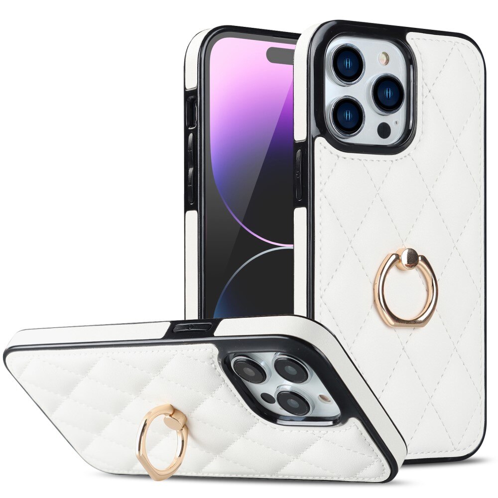 Funda Finger Ring iPhone 14 Pro Quilted blanco