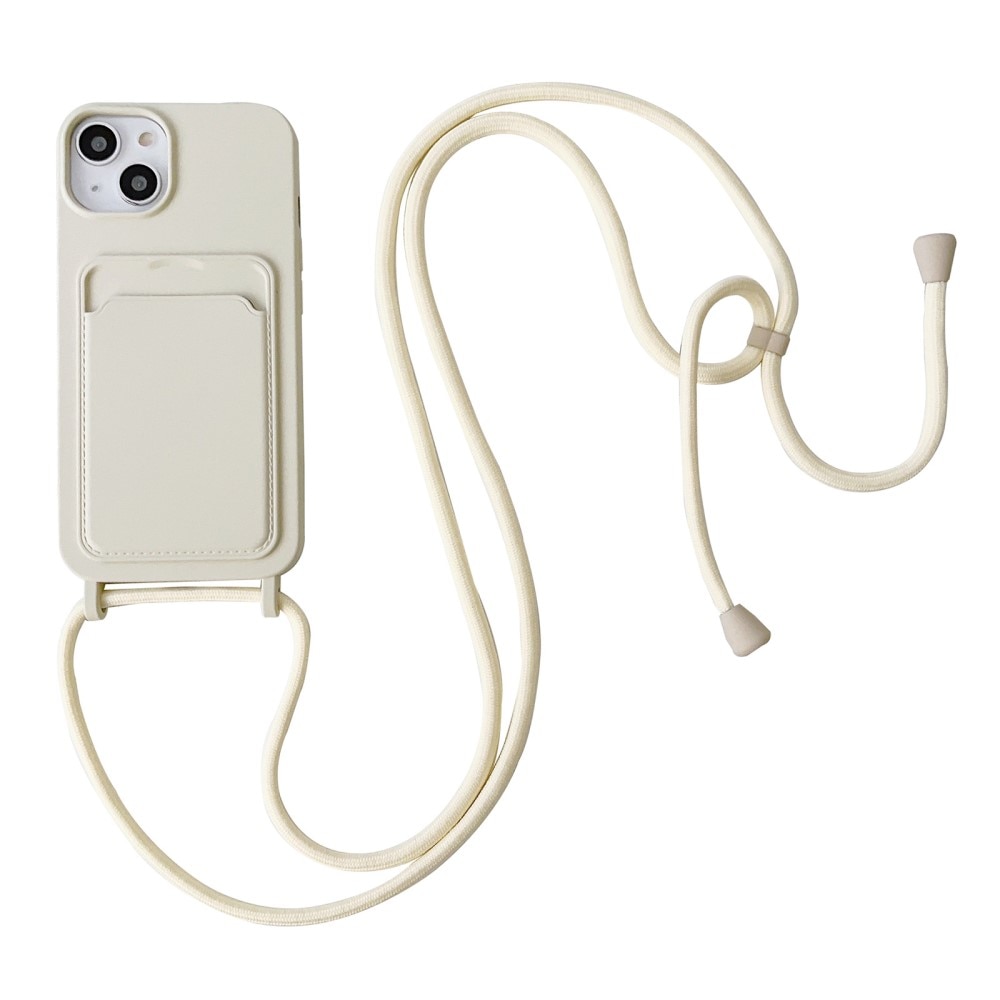 Funda de silicona con ranuras para tarjetas y correa colgante iPhone 14 beige