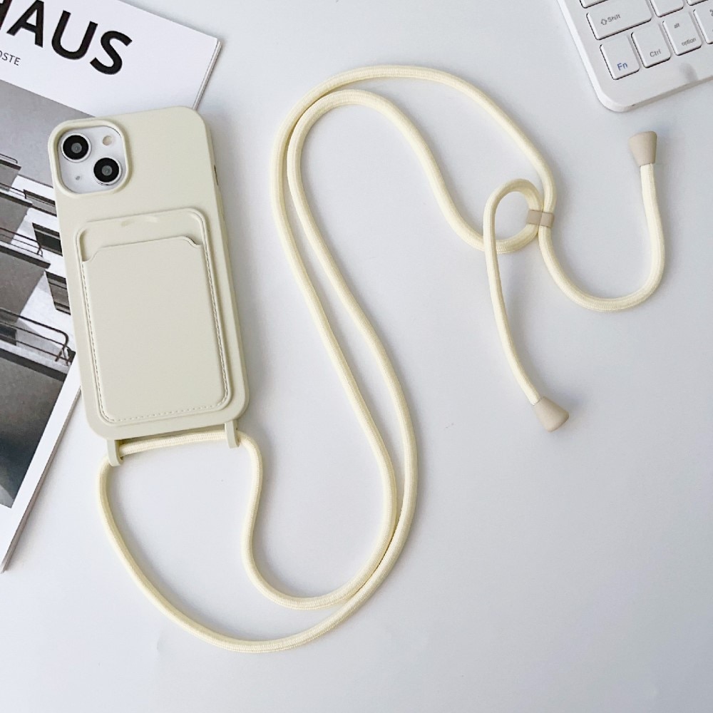 Funda de silicona con ranuras para tarjetas y correa colgante iPhone 14 beige