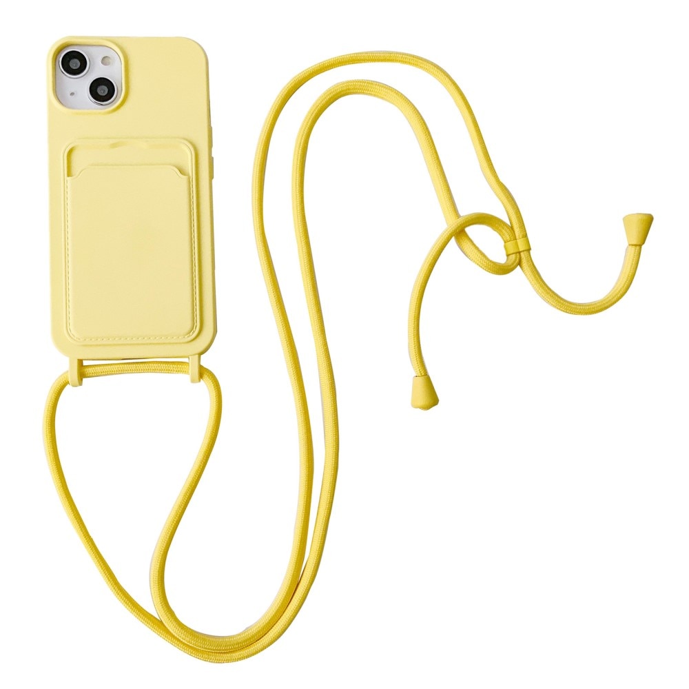 Funda de silicona con ranuras para tarjetas y correa colgante iPhone 14 amarillo
