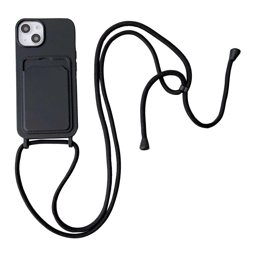 Funda de silicona con ranuras para tarjetas y correa colgante iPhone 14 negro