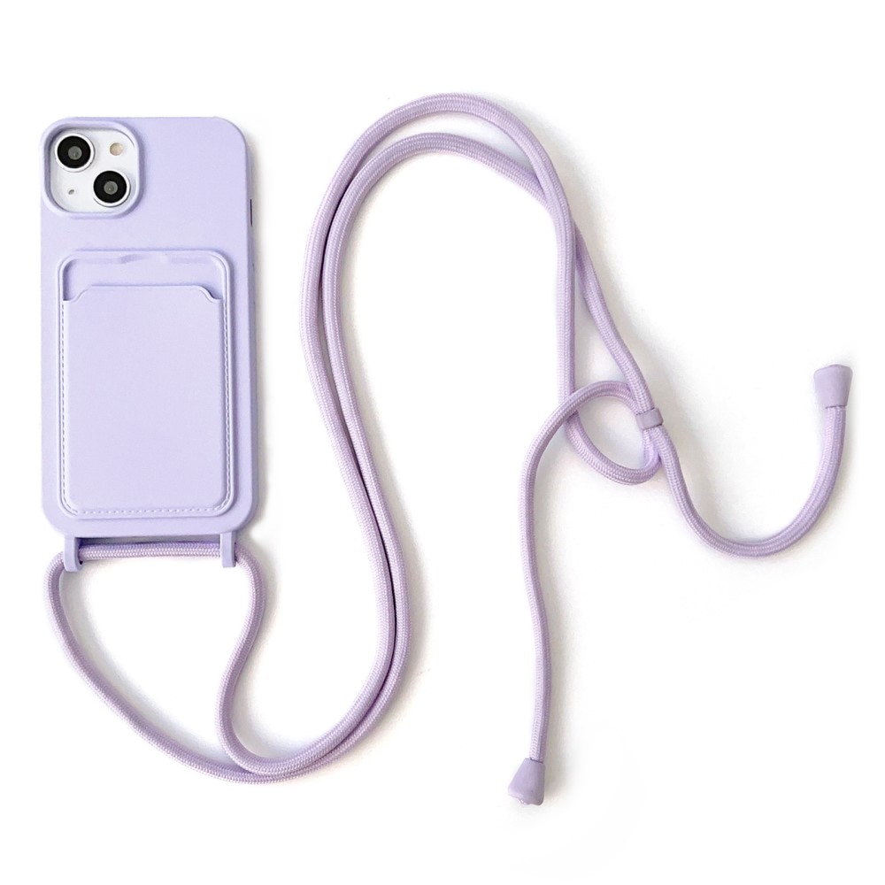 Funda de silicona con ranuras para tarjetas y correa colgante iPhone 14 violeta