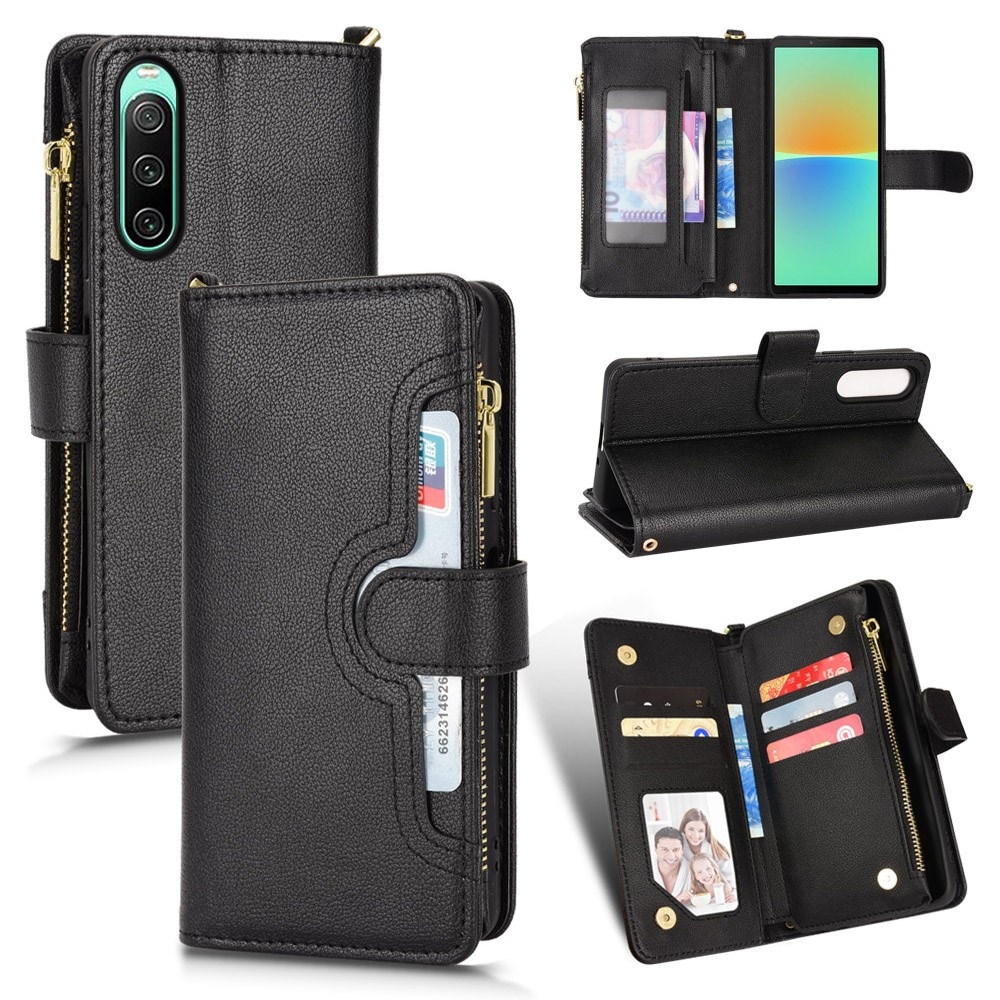 Zipper Multi-Slot tipo cartera de cuero Sony Xperia 10 V, negro