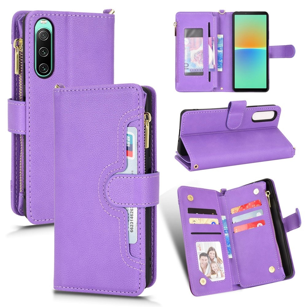 Zipper Multi-Slot tipo cartera de cuero Sony Xperia 10 V, violeta