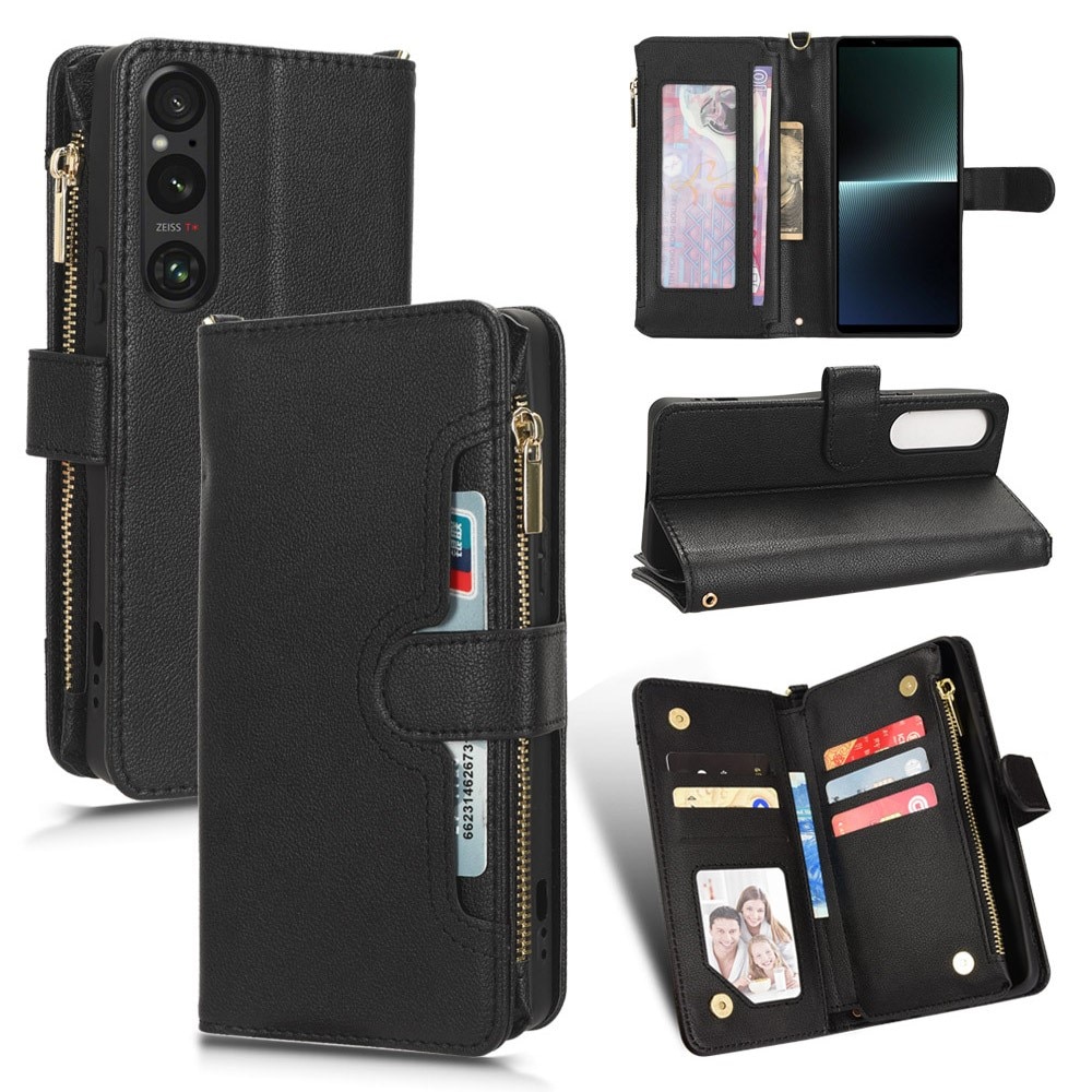 Zipper Multi-Slot tipo cartera de cuero Sony Xperia 1 V, negro