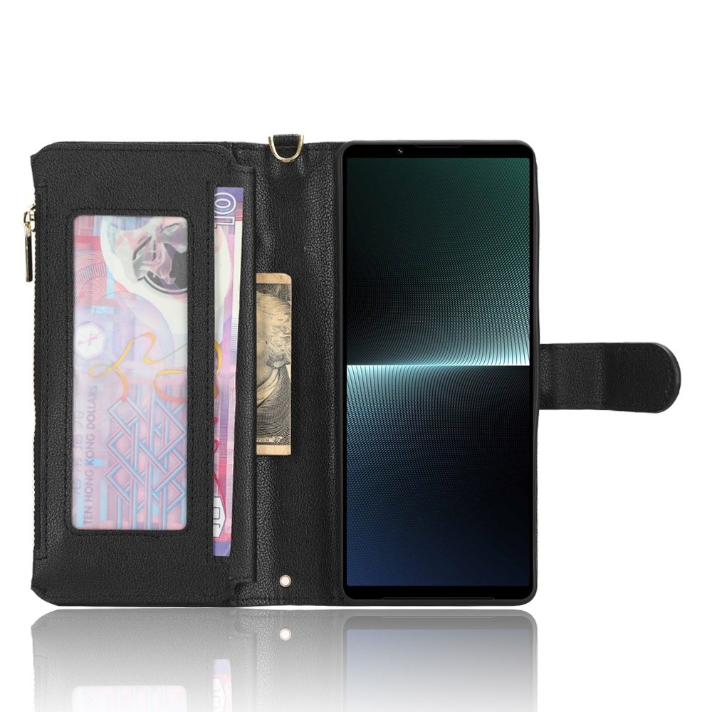 Zipper Multi-Slot tipo cartera de cuero Sony Xperia 1 V, negro