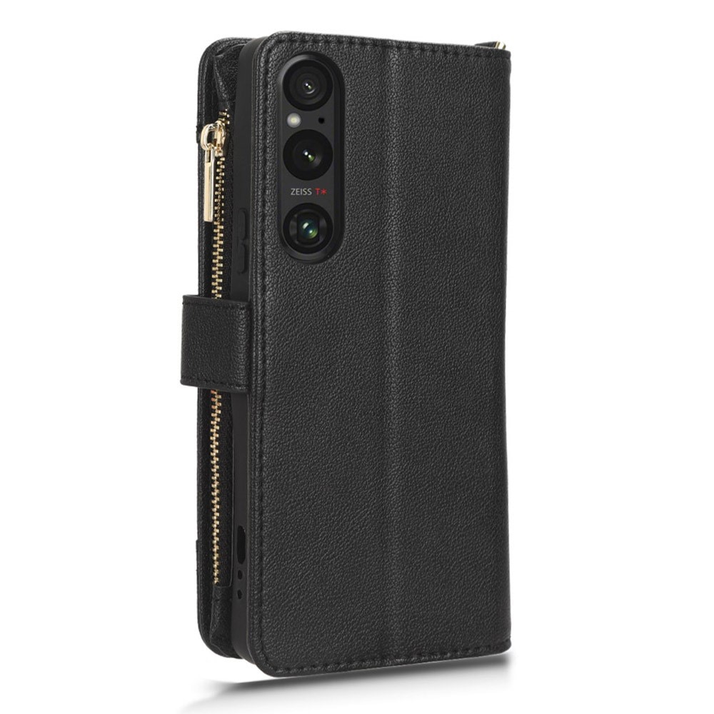 Zipper Multi-Slot tipo cartera de cuero Sony Xperia 1 V, negro