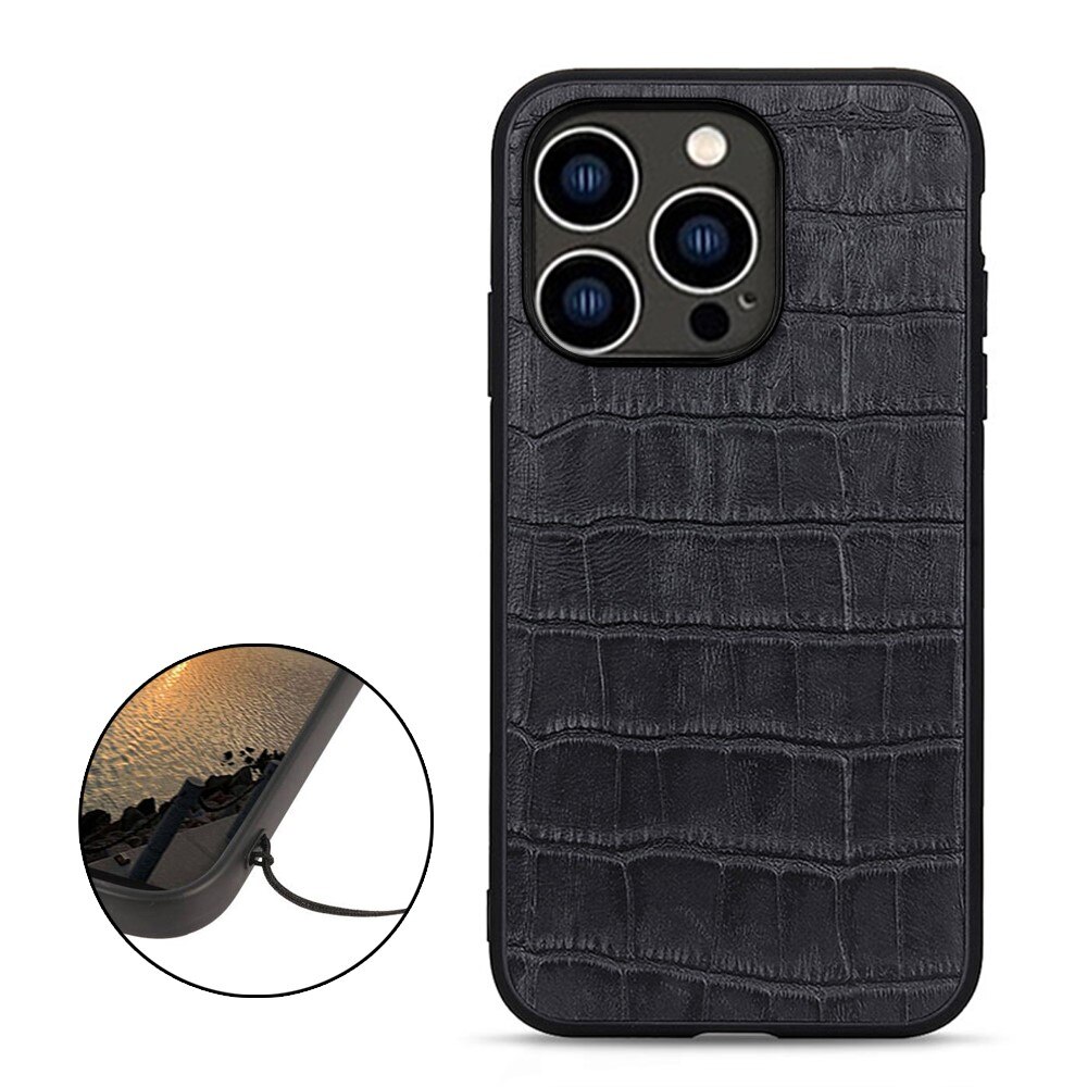 Funda híbrida Cuero genuino Cocodrilo iPhone 15 Pro negro