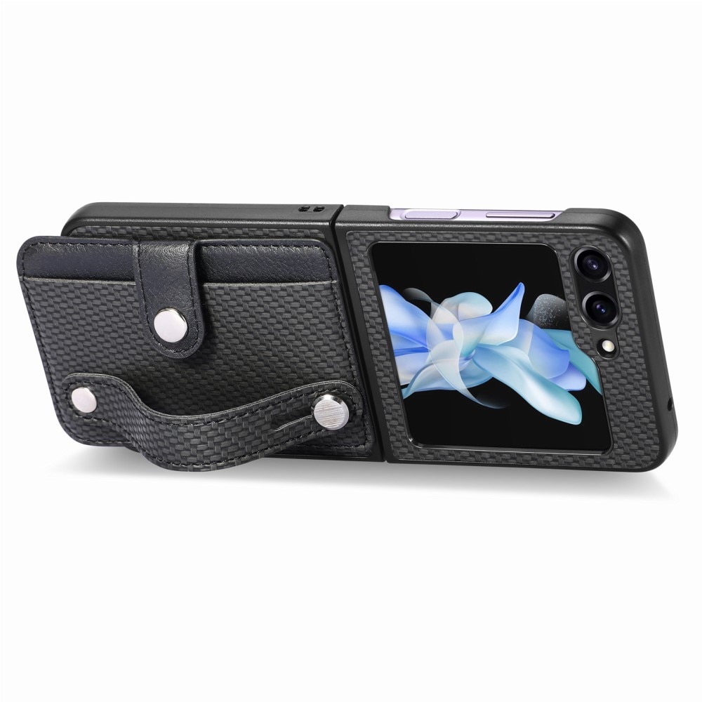 Funda de cuero con ranuras para tarjetas y Finger Strap Samsung Galaxy Z Flip 5 negro