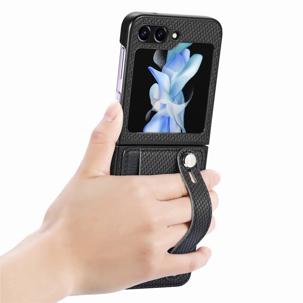Funda de cuero con ranuras para tarjetas y Finger Strap Samsung Galaxy Z Flip 5 negro