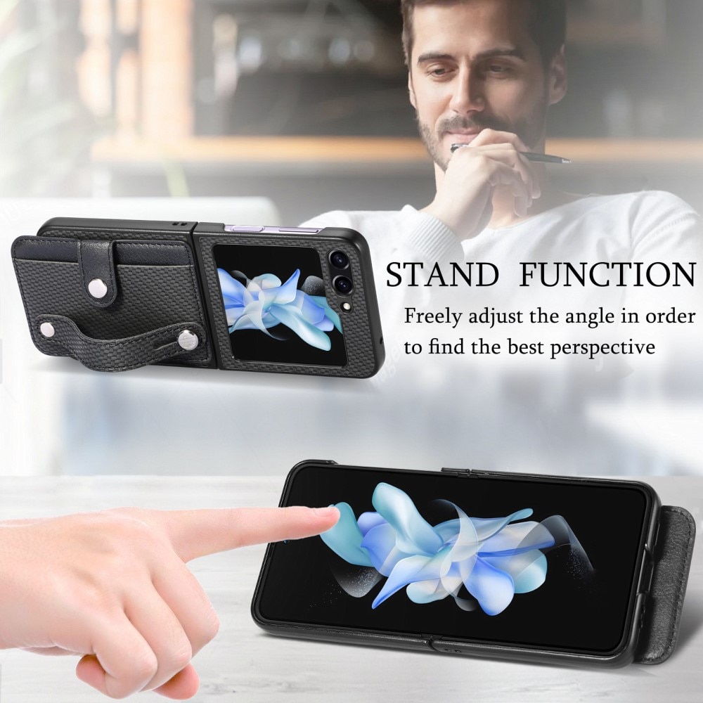 Funda de cuero con ranuras para tarjetas y Finger Strap Samsung Galaxy Z Flip 5 negro
