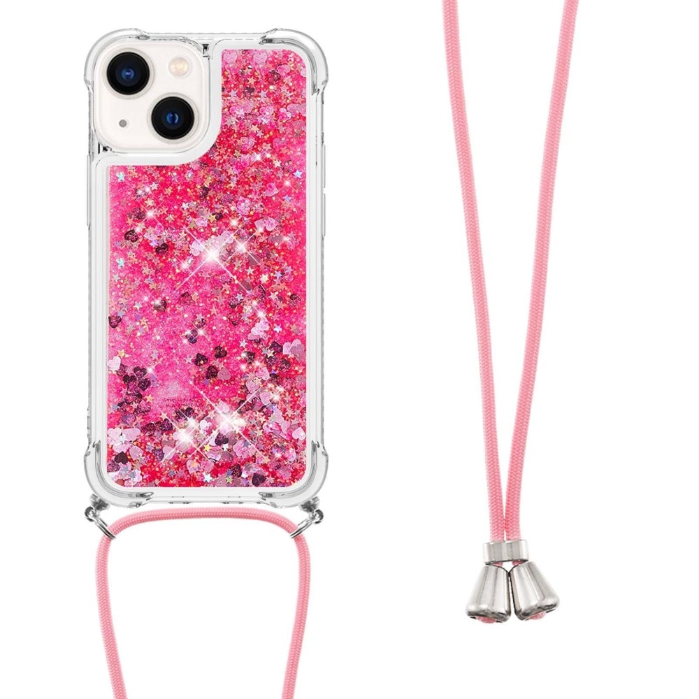 Funda con correa colgante Glitter Powder TPU iPhone 15 rosado