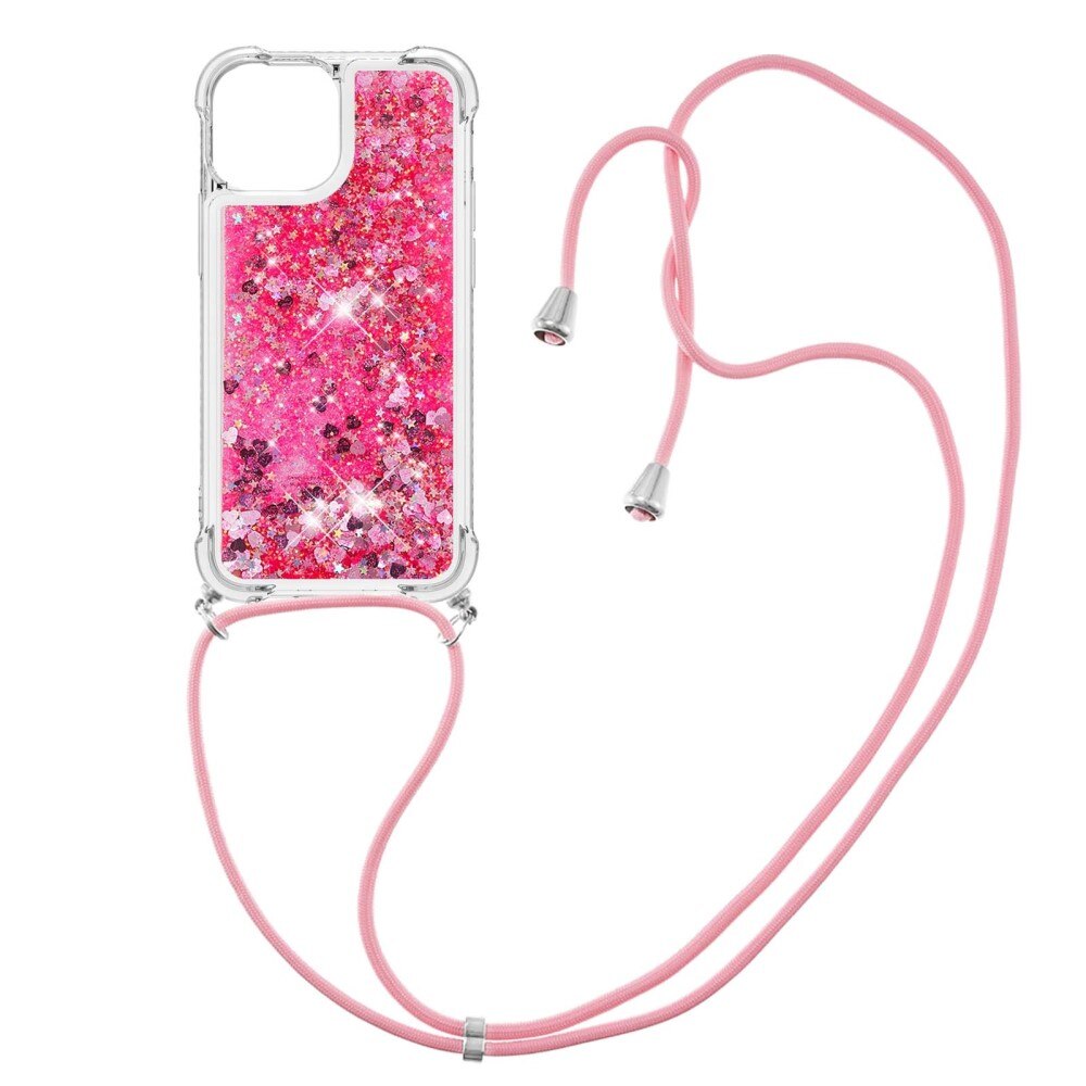 Funda con correa colgante Glitter Powder TPU iPhone 15 rosado