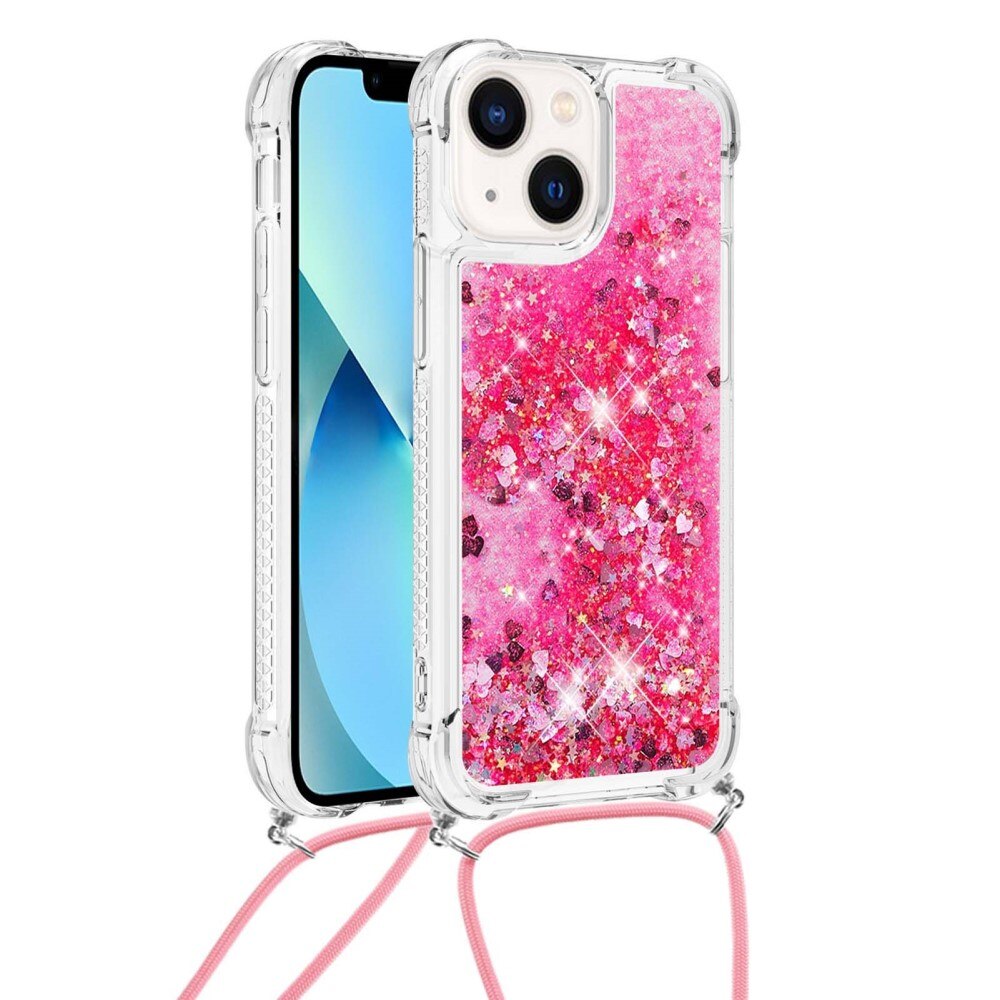 Funda con correa colgante Glitter Powder TPU iPhone 15 rosado