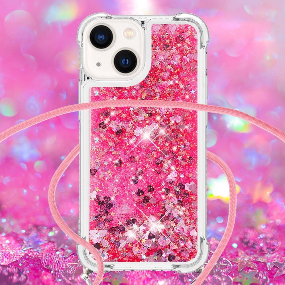 Funda con correa colgante Glitter Powder TPU iPhone 15 rosado