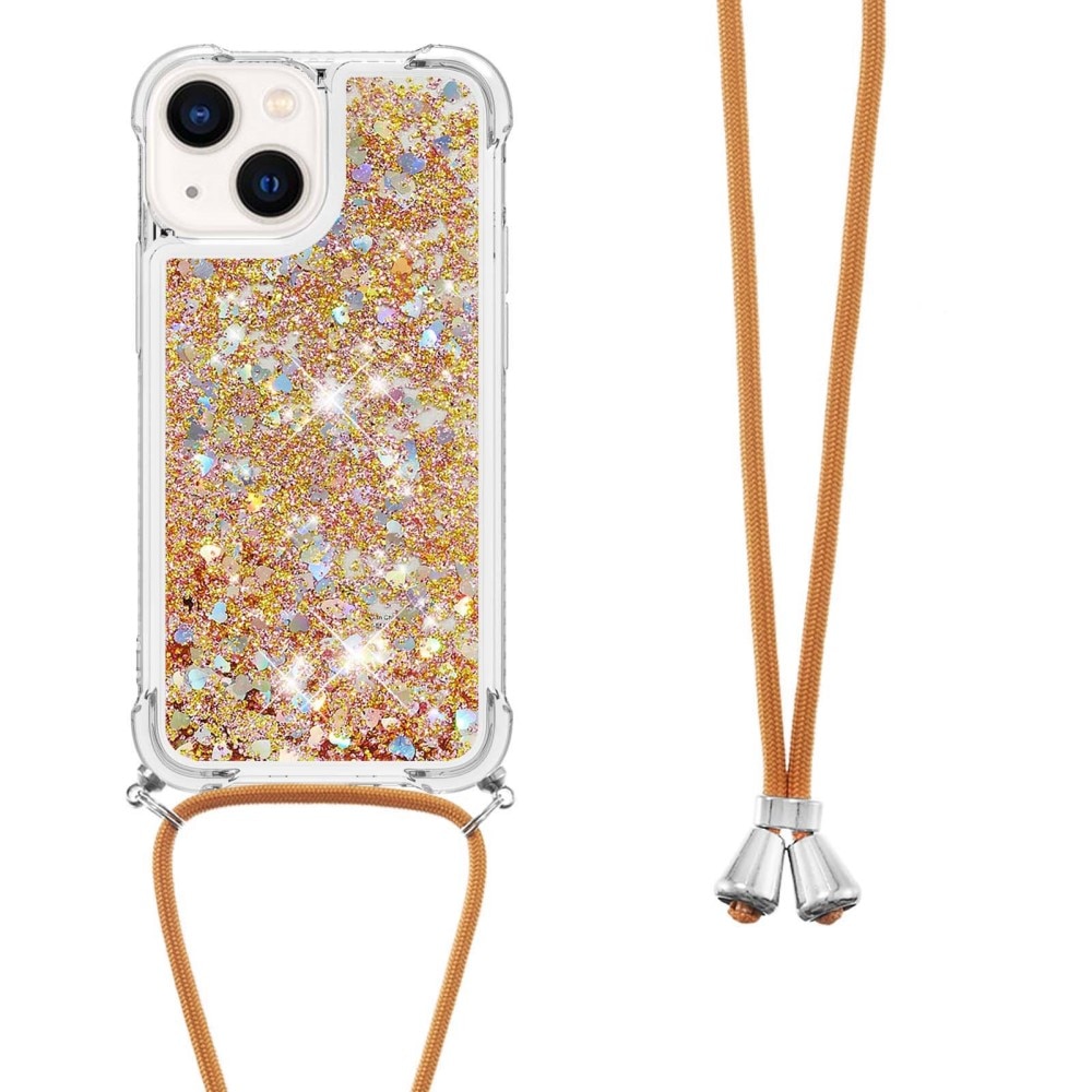 Funda con correa colgante Glitter Powder TPU iPhone 15 oro