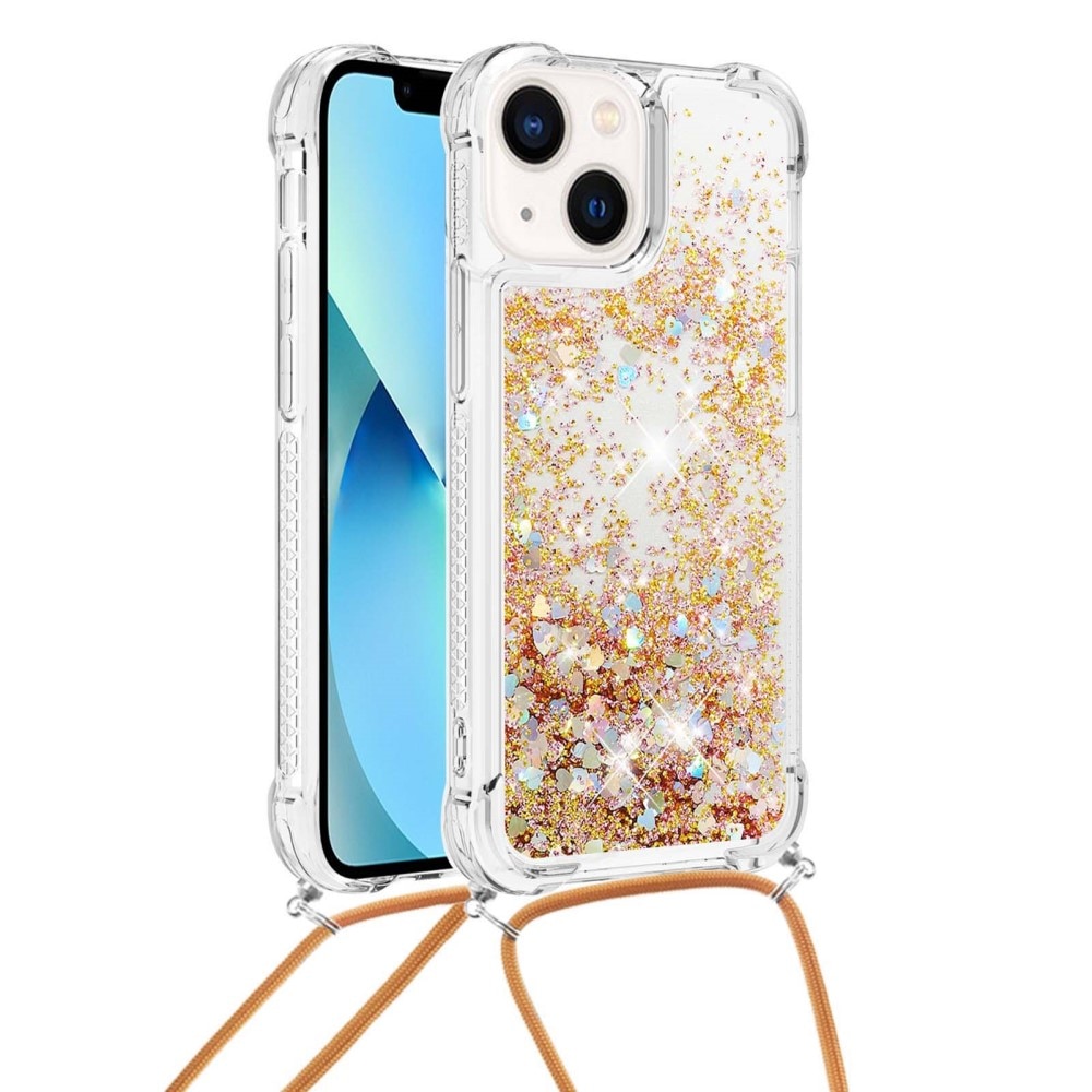 Funda con correa colgante Glitter Powder TPU iPhone 15 oro