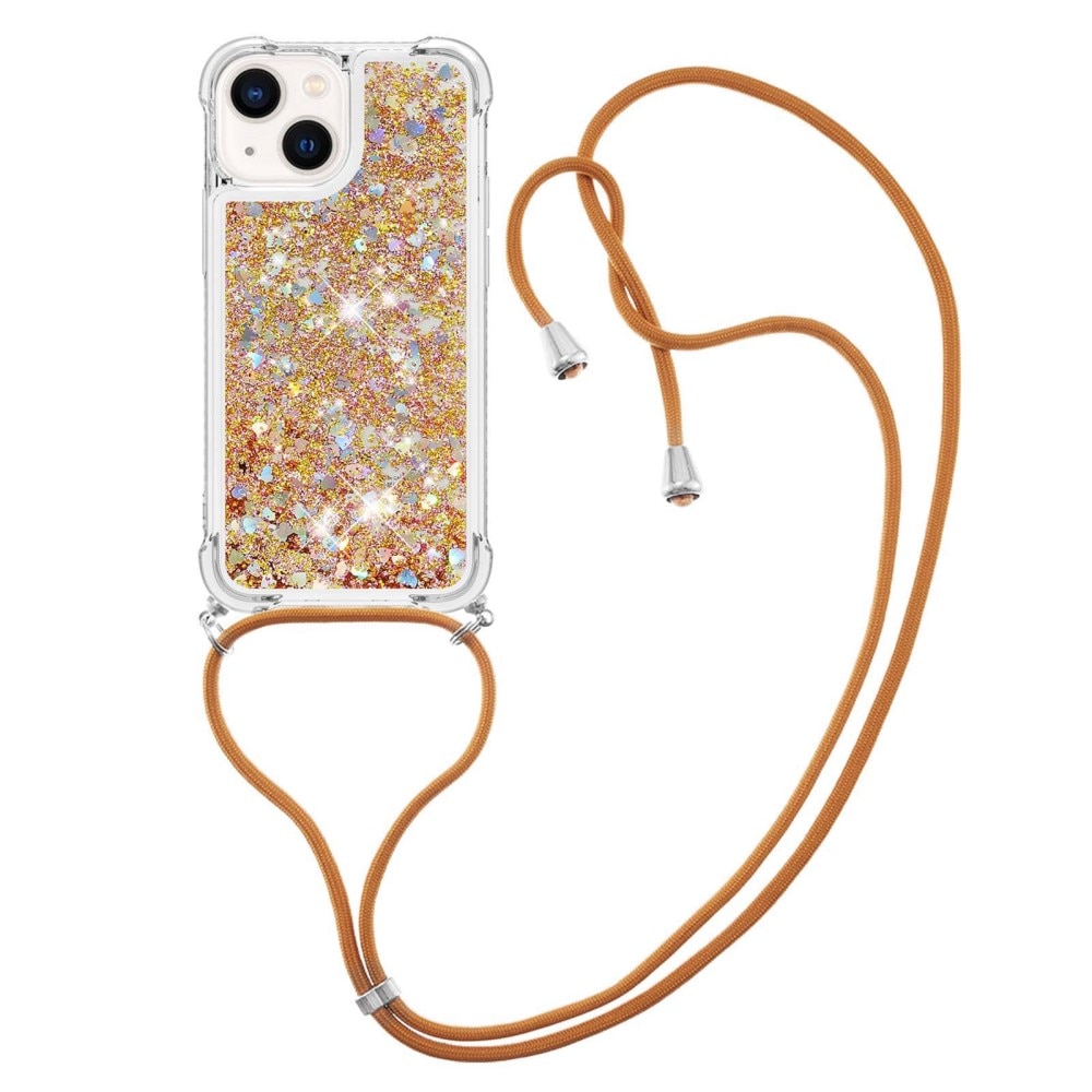 Funda con correa colgante Glitter Powder TPU iPhone 15 oro