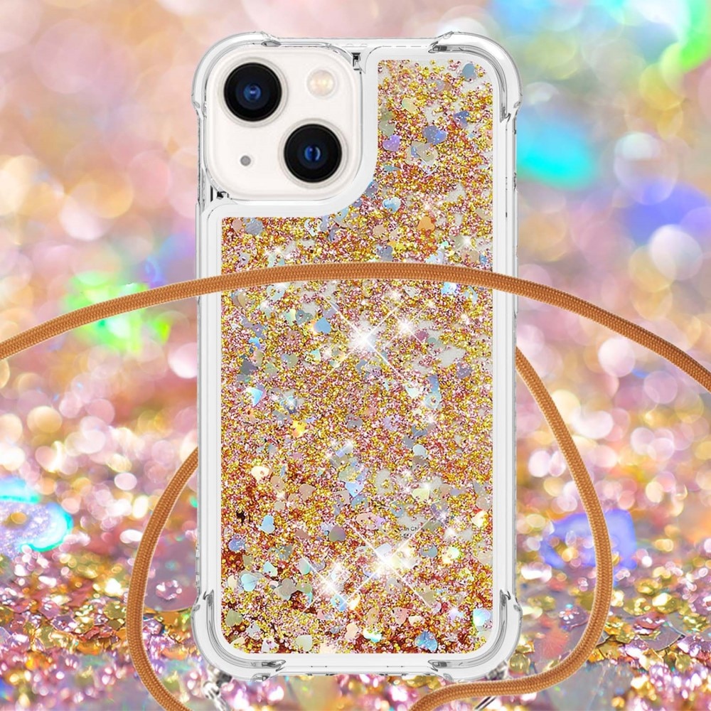 Funda con correa colgante Glitter Powder TPU iPhone 15 oro