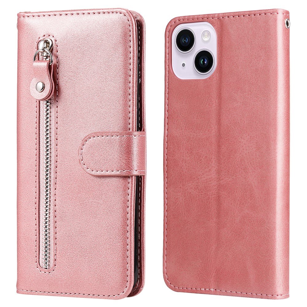 Funda de Cuero Zipper iPhone 15 rosado