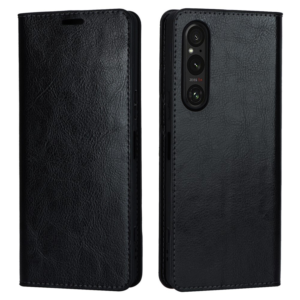 Funda cartera de cuero genuino Sony Xperia 1 V Negro