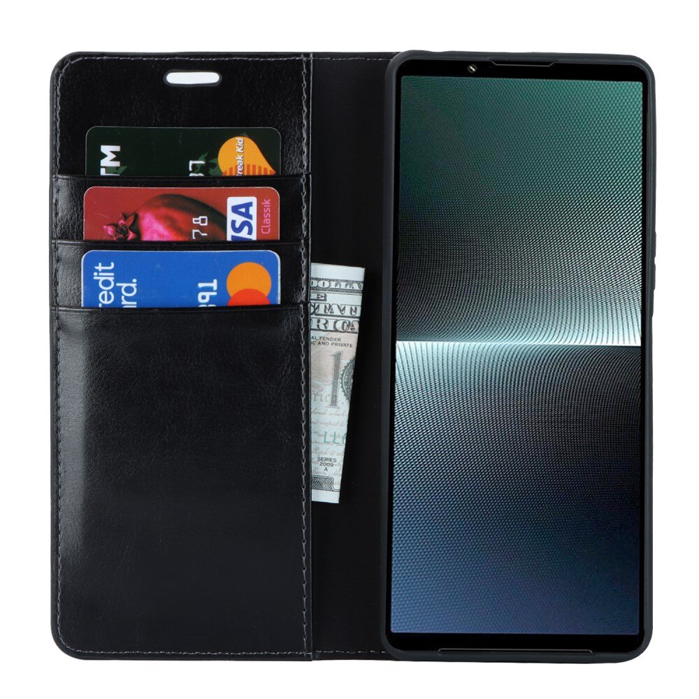 Funda cartera de cuero genuino Sony Xperia 1 V negro