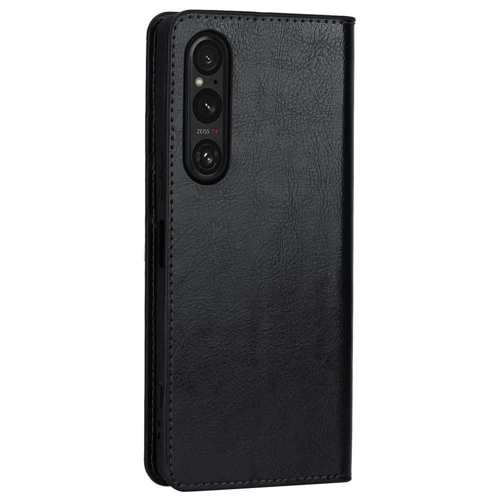 Funda cartera de cuero genuino Sony Xperia 1 V negro