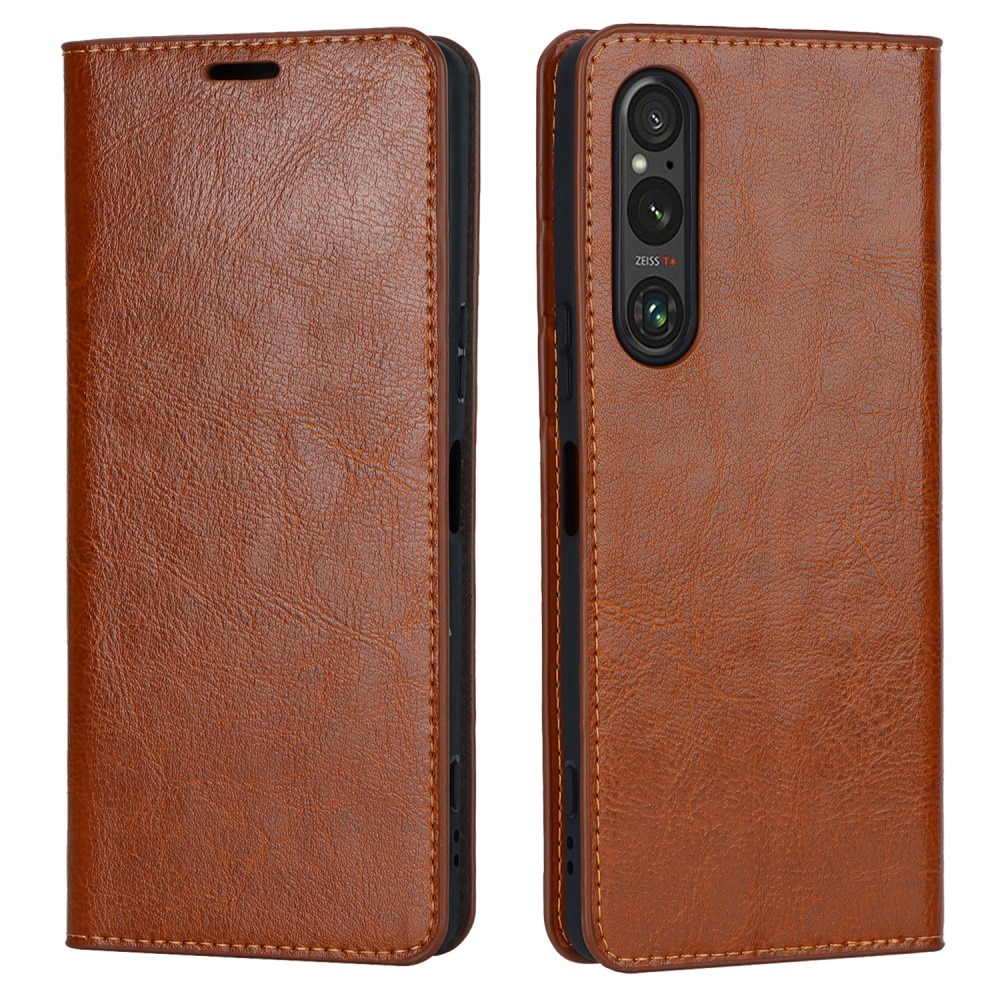 Funda cartera de cuero genuino Sony Xperia 1 V marrón