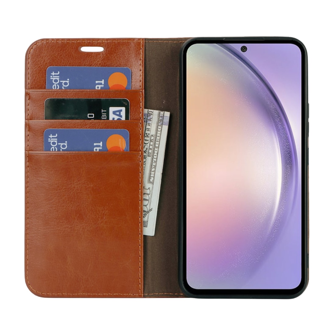 Funda cartera de cuero genuino Samsung Galaxy A54 marrón