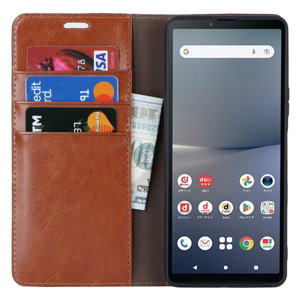 Funda cartera de cuero genuino Sony Xperia 10 V marrón