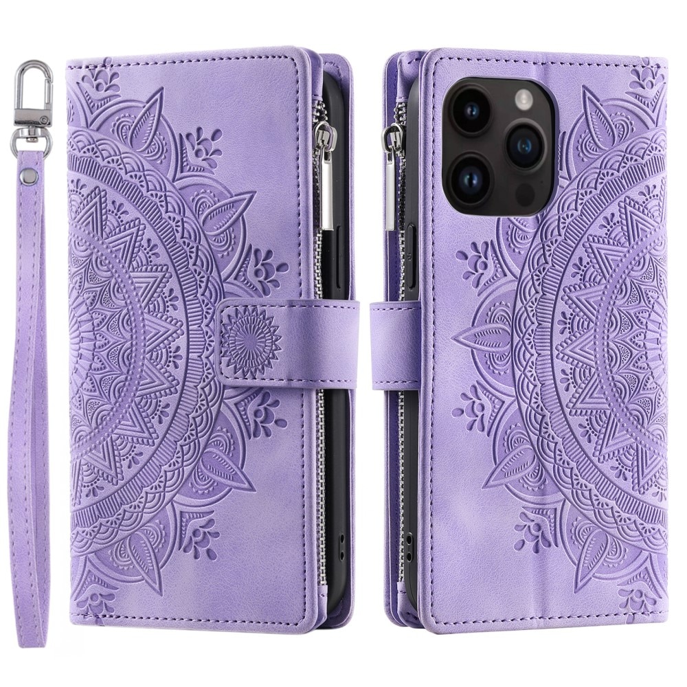 Funda Mandala tipo billetera iPhone 15 Pro, violeta