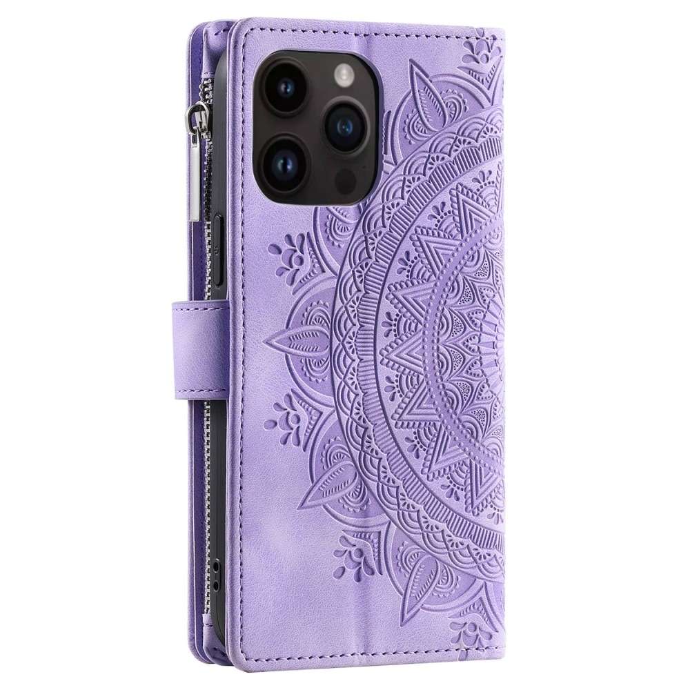 Funda Mandala tipo billetera iPhone 15 Pro, violeta