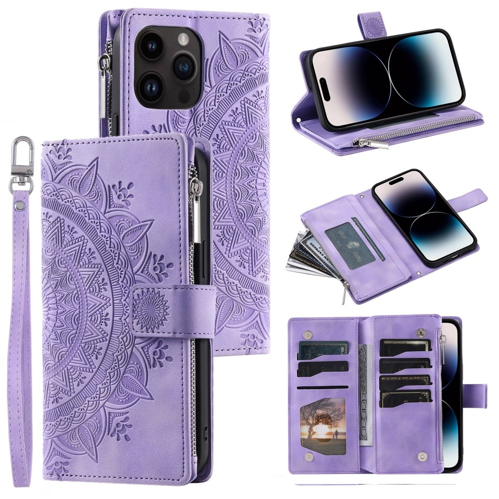 Funda Mandala tipo billetera iPhone 15 Pro, violeta