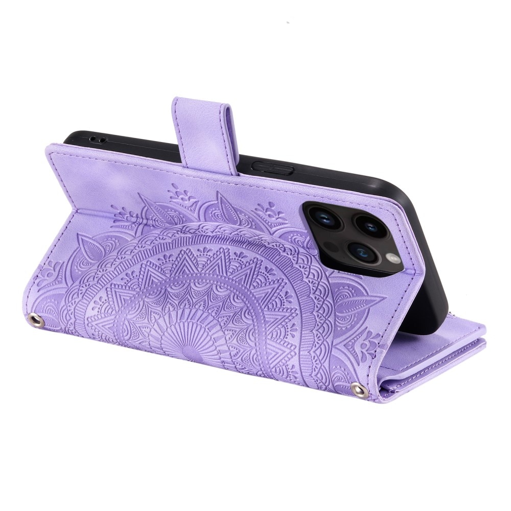 Funda Mandala tipo billetera iPhone 15 Pro, violeta