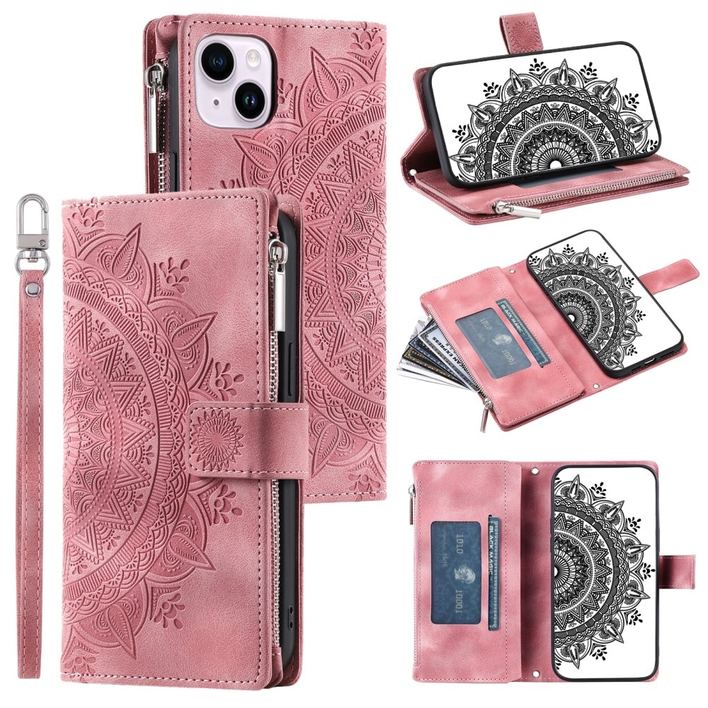 Funda Mandala tipo billetera iPhone 15, rosado