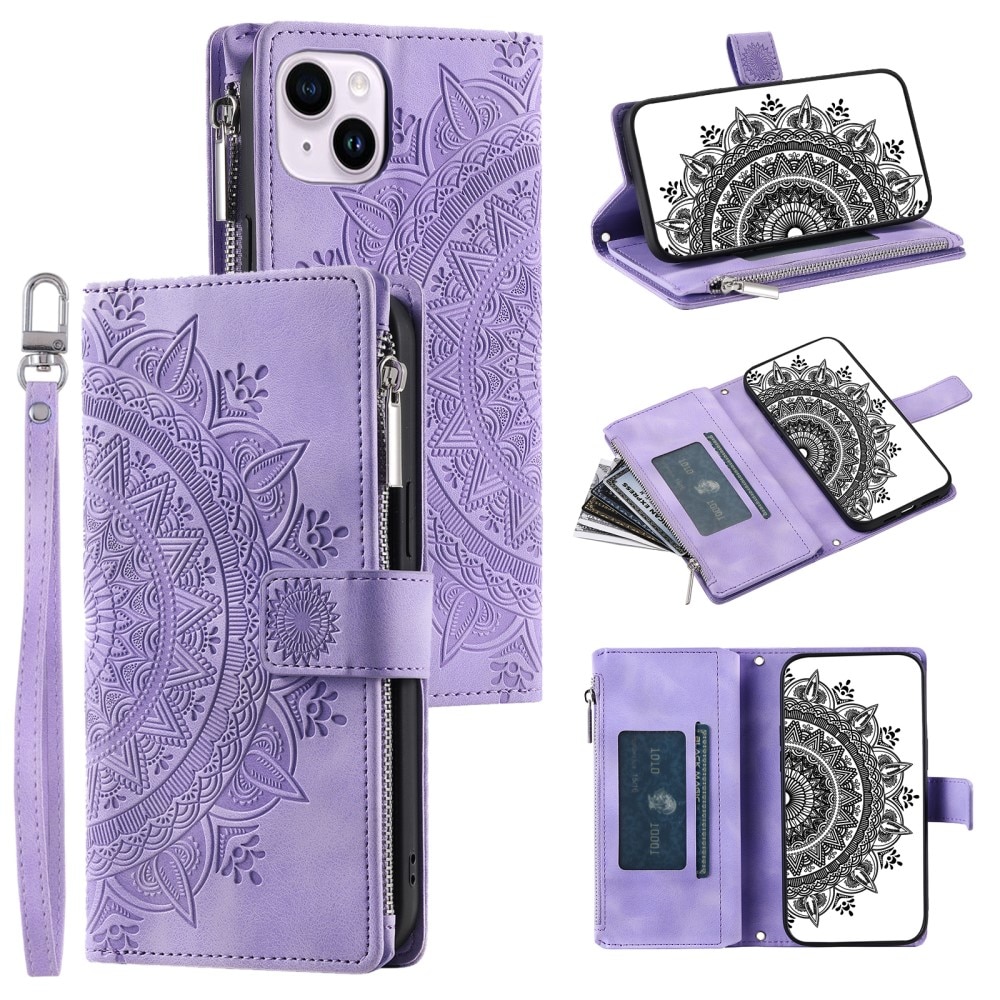 Funda Mandala tipo billetera iPhone 15, violeta
