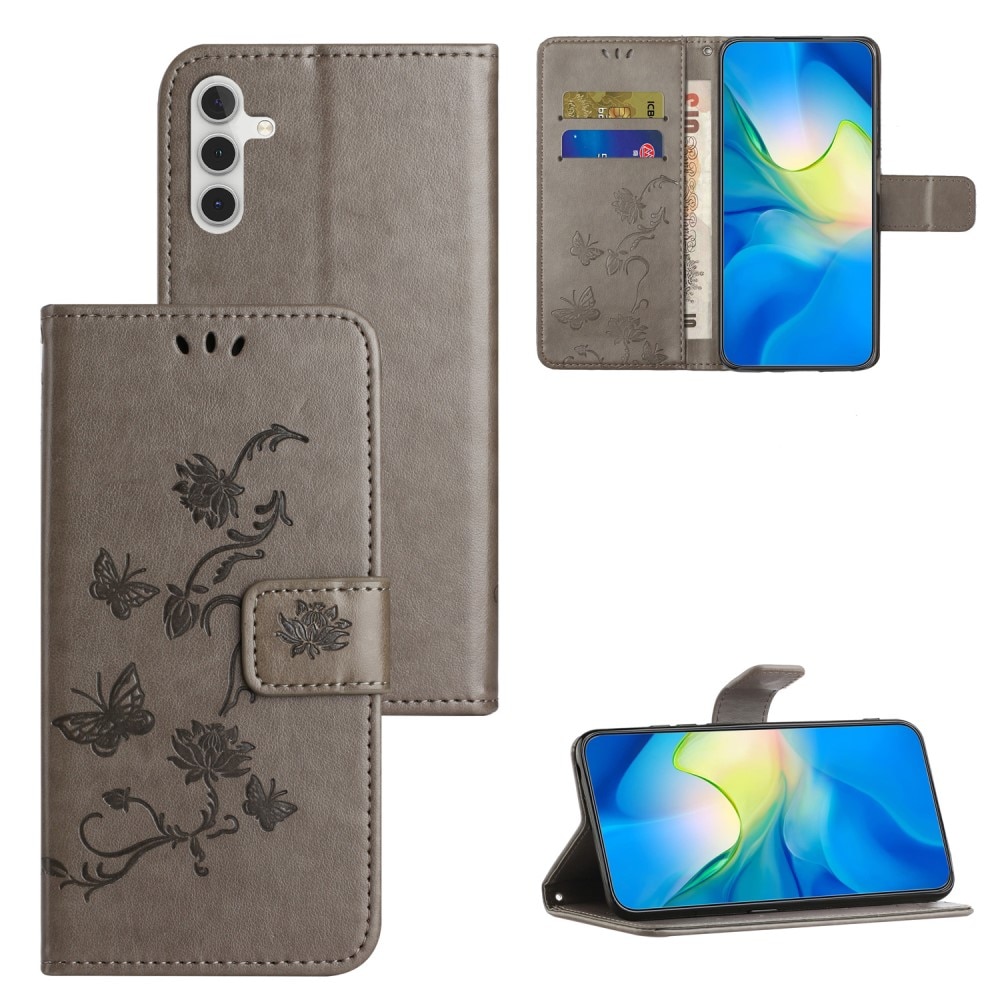 Funda de Cuero con Mariposas Samsung Galaxy S23 FE, Gris
